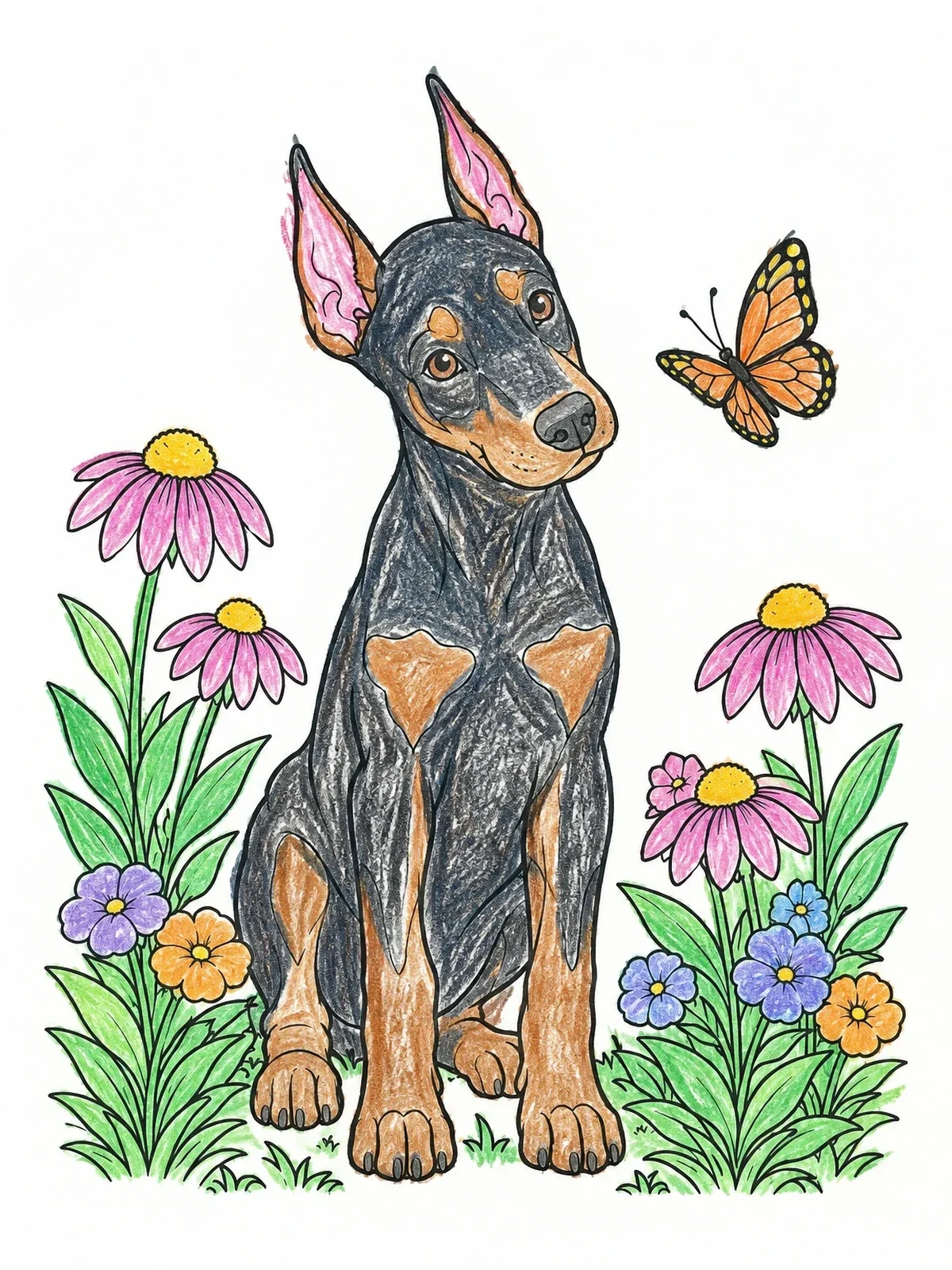 Colored example of the Doberman Puppy With Butterfly In Garden coloring page