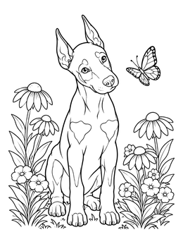 Free printable Doberman Puppy With Butterfly In Garden coloring page