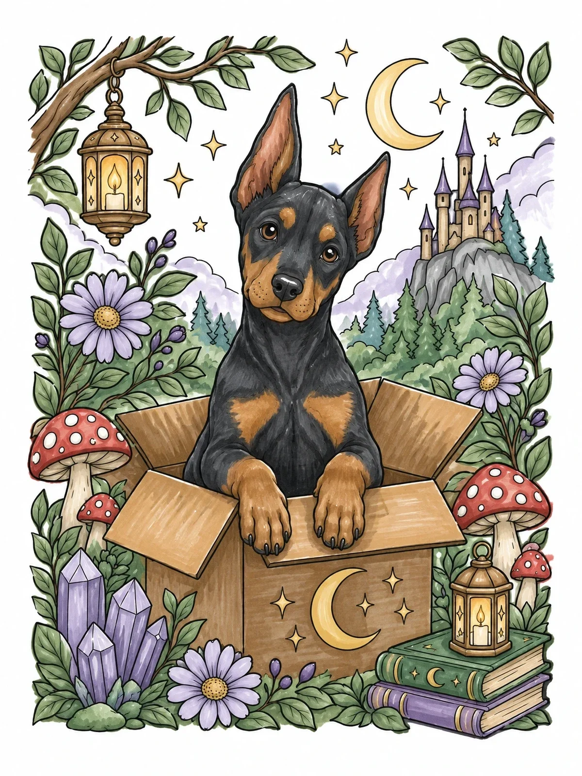 Colored example of the Doberman Puppy In A Magical Box coloring page
