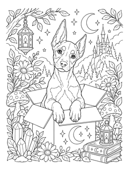 Free printable Doberman Puppy In A Magical Box coloring page