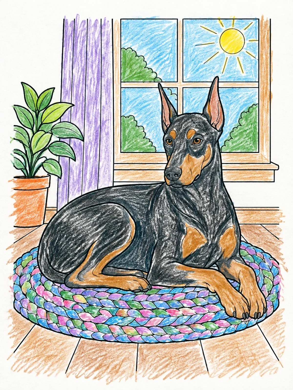 Colored example of the Doberman Resting By The Window coloring page