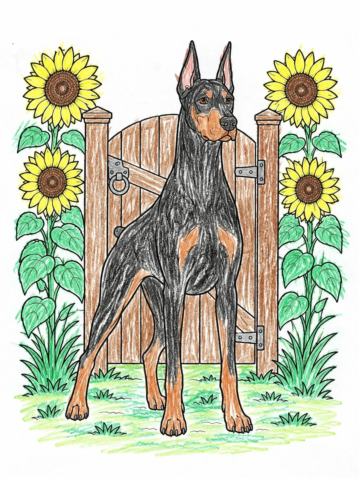 Colored example of the Doberman Standing By Garden Gate coloring page