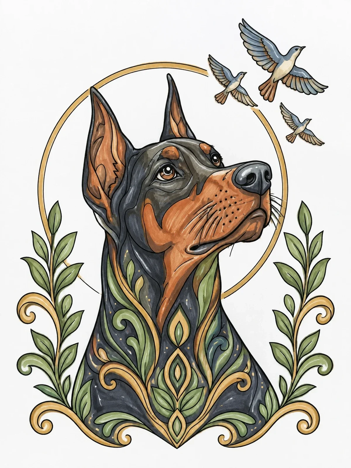 Colored example of the Doberman Watching Birds In Flight coloring page