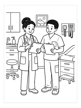 A friendly doctor and nurse collaborate in an exam room in this doctor coloring page.