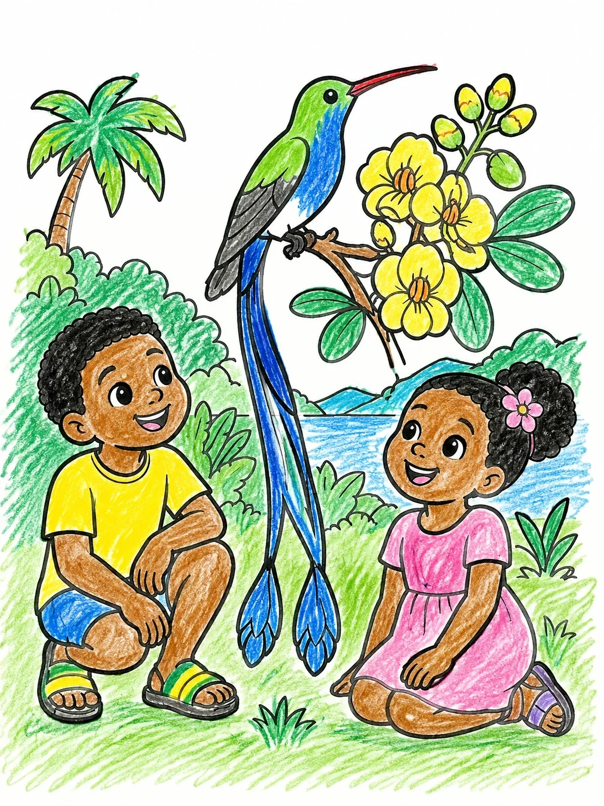 Colored example of the Doctor Bird And Jamaican Children coloring page