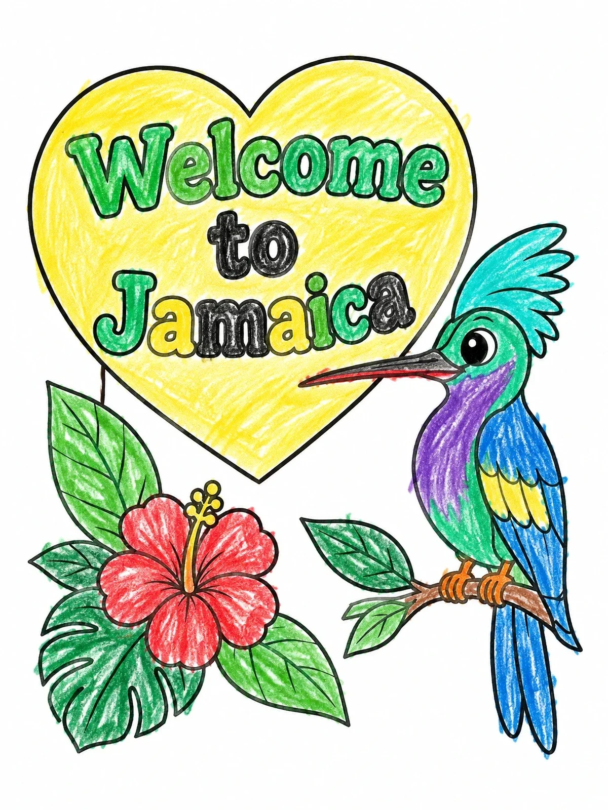 Colored example of the Welcome To Jamaica Doctor Bird coloring page