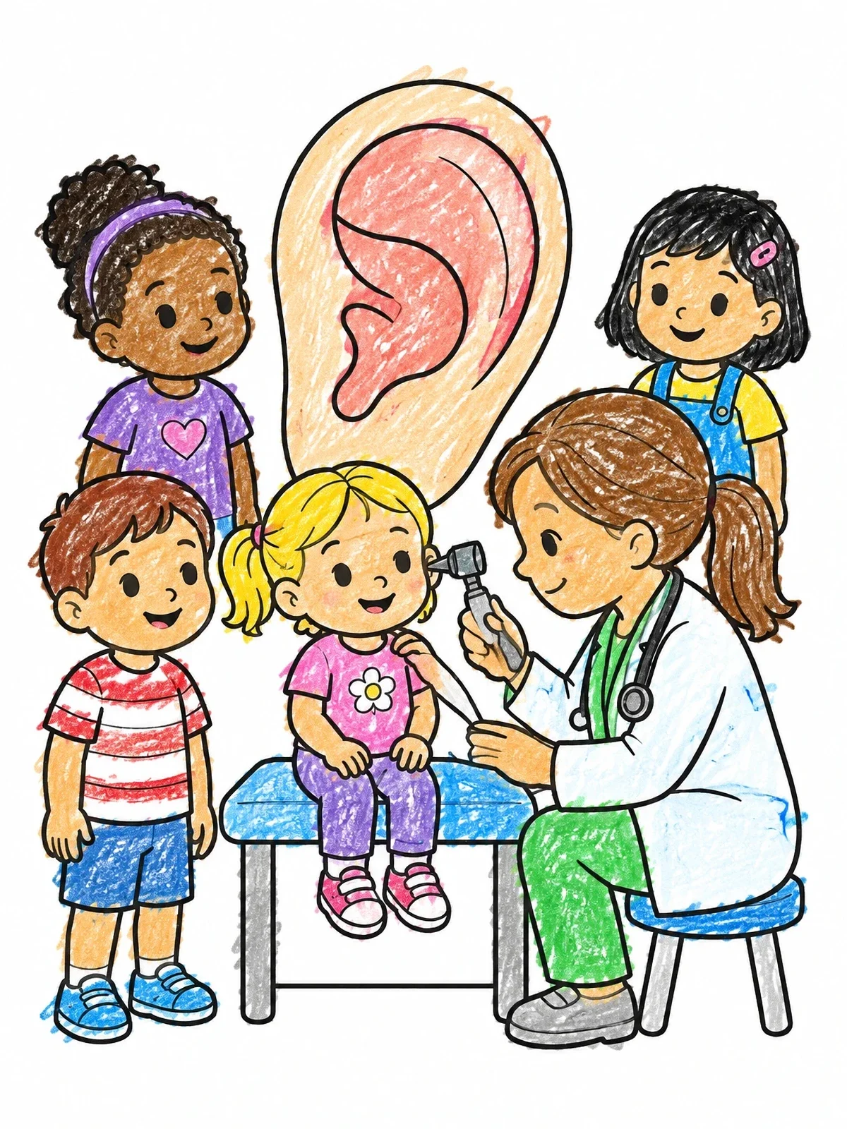 Colored example of the Doctor Checking A Child's Ear coloring page