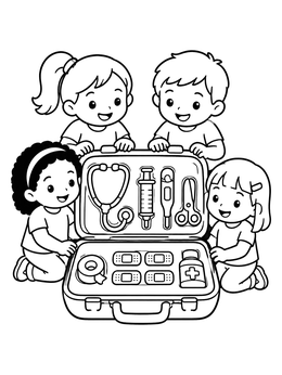 Four friendly children gather around an open toy kit in this doctor coloring page.