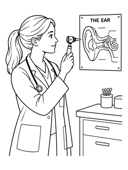 A female doctor coloring page showing a physician holding an otoscope near an ear diagram.