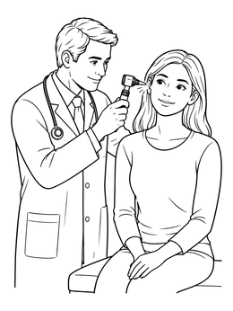 A friendly doctor coloring page showing a physician checking a patient's ear with an otoscope.