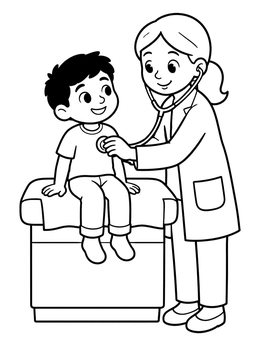 A friendly doctor coloring page featuring a physician checking a boy's heartbeat.