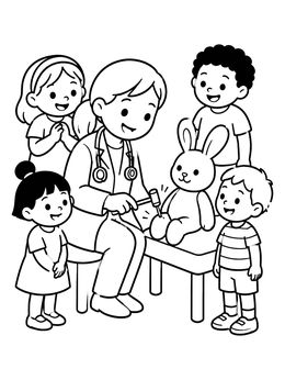 Free printable Doctor Examining A Toy Rabbit coloring page