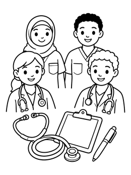 Free printable Friendly Medical Team And Tools coloring page