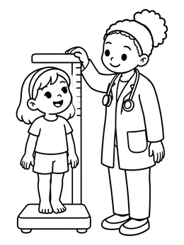 A friendly doctor coloring page showing a girl getting her height measured at a checkup.