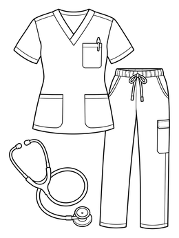 A medical uniform paper doll coloring page with scrub top, pants, and stethoscope.