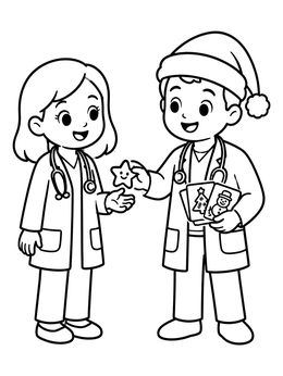 Two friendly cartoon doctors sharing holiday cards on this doctor coloring page.
