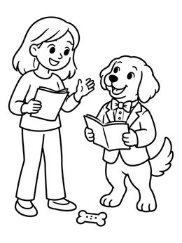 Free printable Dog Actor Rehearsing With Trainer coloring page