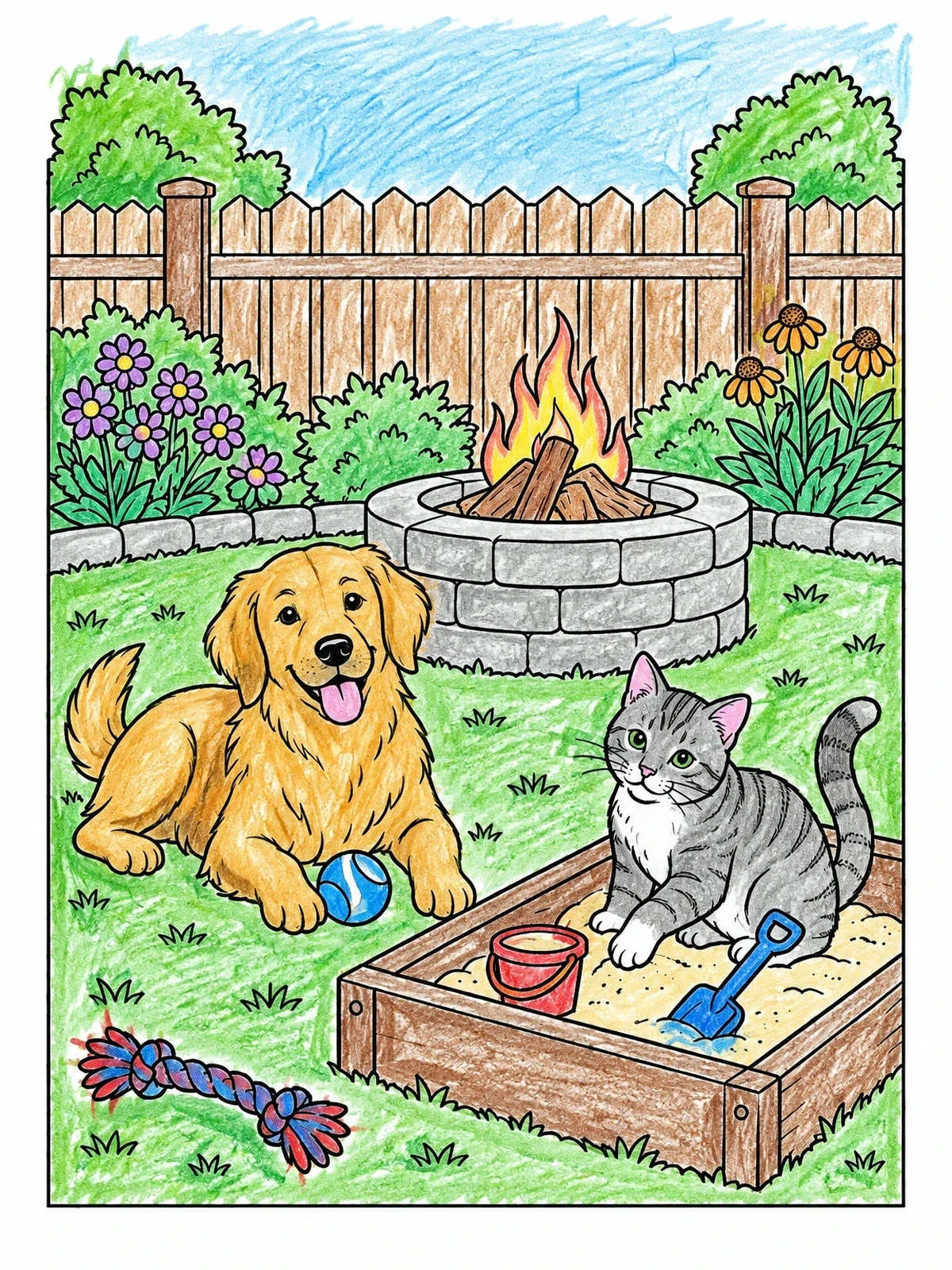Colored example of the Dog And Cat In The Backyard coloring page