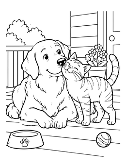 A friendly cat snuggles against a golden retriever in this cute dog coloring page.