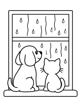 A cute puppy and kitten looking at raindrops in this dog coloring page.