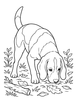 A curious beagle sniffing fallen leaves in this dog coloring page.