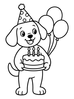 A cheerful puppy wearing a party hat in this dog coloring page with cake and balloons.