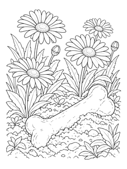 A detailed dog bone coloring page resting in a garden patch of blooming daisies.