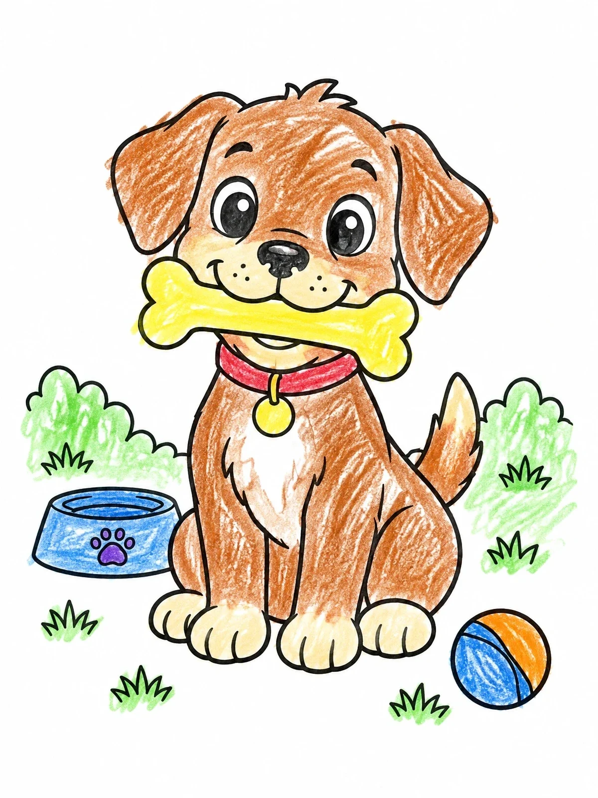 Colored example of the Cute Puppy Holding A Bone coloring page