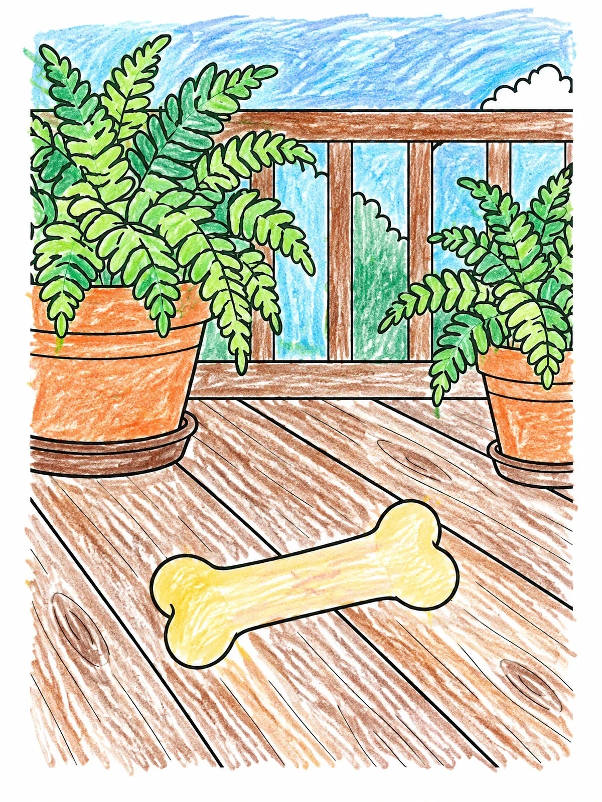 Colored example of the Dog Bone On Wooden Deck coloring page