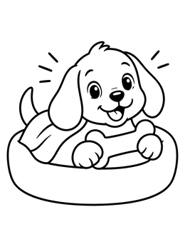 A cheerful puppy in a round bed holding a bone on this dog bone coloring page.
