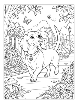 A cheerful dachshund trotting down a sidewalk in this dog coloring page.