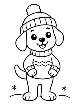A happy puppy in a warm hat and sweater smiles on this cute dog coloring page.