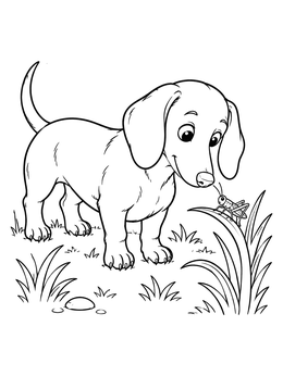 A playful puppy in a dog coloring page inspecting a grasshopper on tall grass.