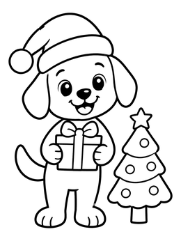 A cheerful puppy wearing a Santa hat holds a present in this dog coloring page.