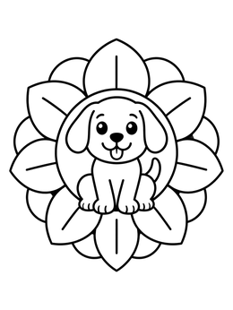 A cheerful puppy sits inside a blooming flower in this dog coloring page.