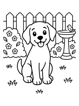 A cheerful puppy sits in the garden on this dog coloring page.
