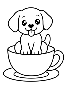 A cheerful puppy sitting in a teacup features on this dog coloring page.
