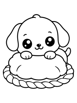 A cute puppy rests behind a cushion on this dog coloring page.