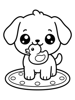 A sweet puppy holding a rubber duck in this adorable dog coloring page.