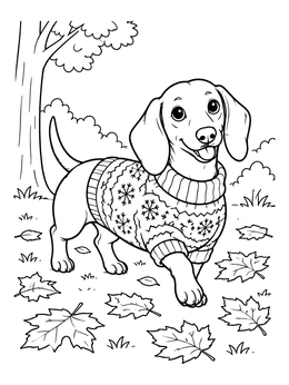 A cheerful dachshund wearing a cozy sweater on this cute dog coloring page.