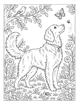 A fluffy dog coloring page featuring a retriever in a garden with a butterfly and bird.