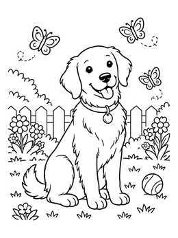 A cheerful dog coloring page showing a puppy sitting among flowers with butterflies.