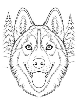 A smiling Siberian Husky portrait in a dog coloring page with snow-covered pine trees.