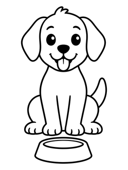 A cheerful puppy sits behind its food dish in this easy dog coloring page.