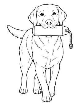 A friendly dog coloring page featuring a Labrador Retriever holding a retrieval dummy in its mouth.