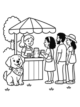 Free printable Dog At Lemonade Stand With Customers coloring page