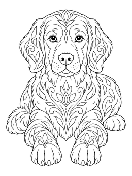 An intricate dog coloring page showing a golden retriever puppy covered in decorative floral swirls.