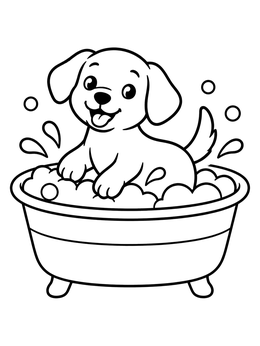 A cheerful puppy takes a splashy bath in a tub on this simple dog coloring page.