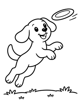 A joyful dog coloring page showing a playful puppy jumping to catch a flying disc outside.