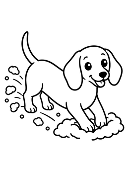 A cheerful puppy digging in the ground on a simple dog coloring page.
